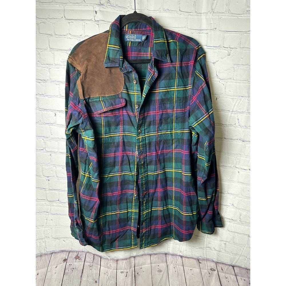 Polo by Ralph Lauren Plaid Flannel Shirt with Suede Elbow Patches XL